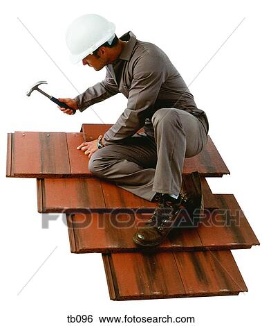 Stock Photograph - Photograph of a man fixing roof tiles. Fotosearch