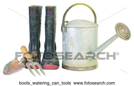 Stock Photograph - Boots watering can tools. Fotosearch