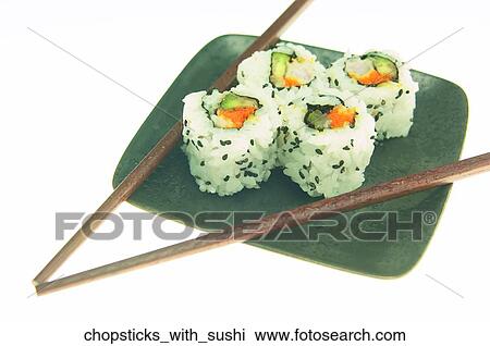 Stock Image - Chopsticks with sushi. Fotosearch