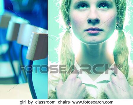 Stock Photograph - Girl by classroom chairs. Fotosearch