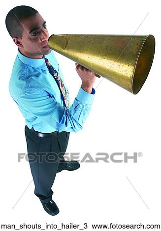 Stock Image - Man shouts into hailer 3. Fotosearch