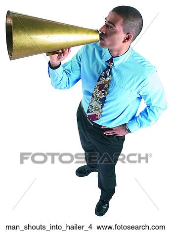 Picture - Man shouts into hailer 4. Fotosearch