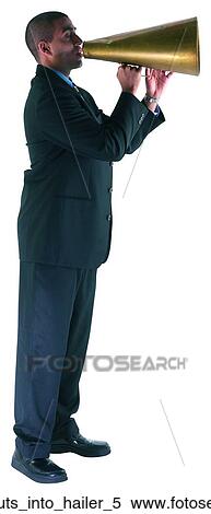 Stock Photography - Man shouts into hailer 5. Fotosearch