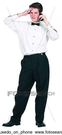 Man tuxedo on phone View Large Photo Image Stock Image - Man tuxedo on phone. Fotosearch