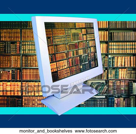 Monitor and bookshelves View Large Photo Image Stock Photograph - Monitor and bookshelves. Fotosearch