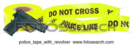 Stock Photography - Police tape with revolver. Fotosearch