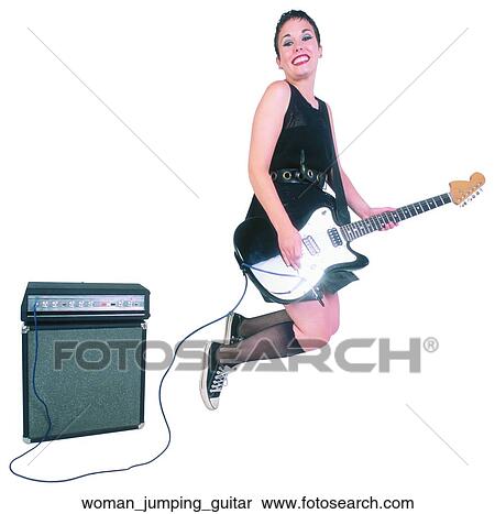 Stock Photography - Woman jumping guitar. Fotosearch