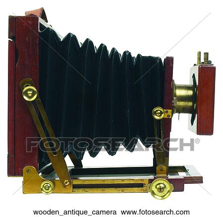 Stock Image - Wooden antique camera. Fotosearch