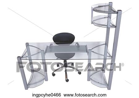 Stock Photograph - Black office chair at metal and glass desk L1. Fotosearch