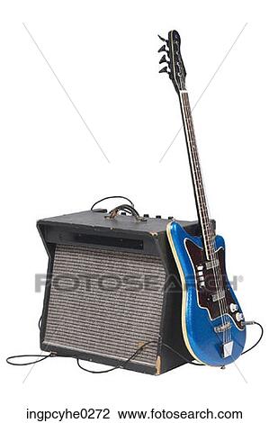 Stock Image - Blue electric guitar plugged into amplifier . Fotosearch
