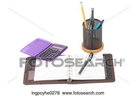Calculator beside jar of pens and calendar View Large Photo Image Stock Photo - Calculator beside jar of pens and calendar . Fotosearch