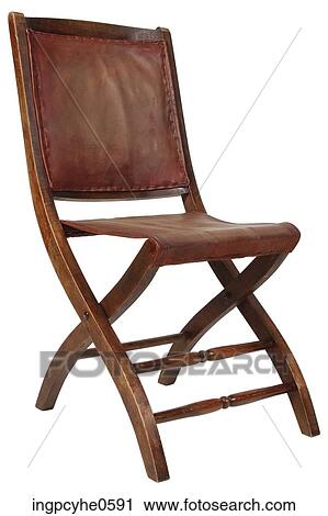 Stock Image - Folding wooden chair with red leather upholstery . Fotosearch