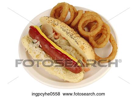 Hotdog and onion rings View Large Photo Image Stock Photo - Hotdog and onion rings . Fotosearch