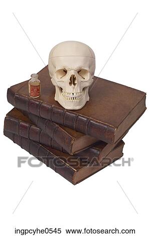 Human skull and vial of poison on old leather books View Large Photo Image Stock Photography - Human skull and vial of poison on old leather books . Fotosearch