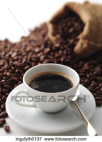 Espresso & Bag Of Beans View Large Photo Image Stock Photo - Espresso & Bag Of Beans. Fotosearch