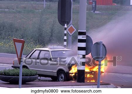 Stock Image - Burning Car Accident. Fotosearch