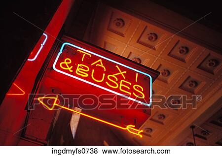 Taxi and Buses Neon Sign View Large Photo Image Stock Photo - Taxi and Buses Neon Sign. Fotosearch
