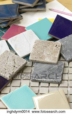 Picture - Close-up of assorted swatches of tiles. Fotosearch