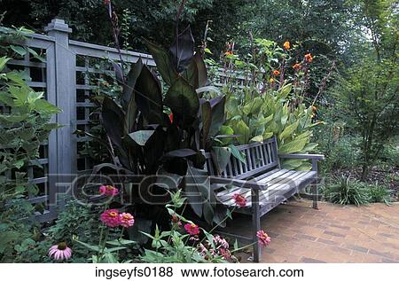 Wooden Bench In Garden View Large Photo Image Stock Photo - Wooden Bench In Garden. Fotosearch