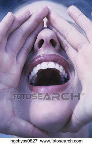 Stock Photo - hand, hands, mouth open, cupped, shout. Fotosearch