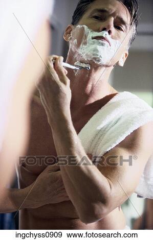 people, male, shaving, indoors, grooming, middle aged View Large Photo Image Stock Photo - people, male, shaving, indoors, grooming, middle aged. Fotosearch