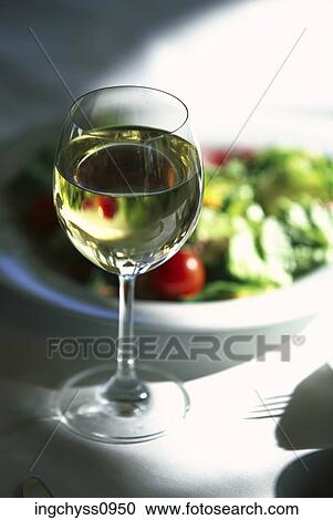Stock Image - white, shadow, wine, plate, salad, bowl, still. Fotosearch