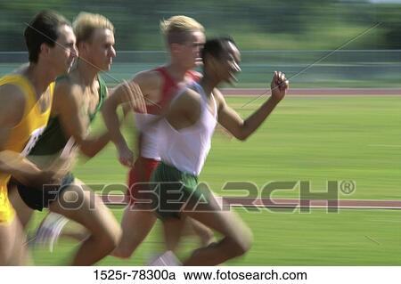 Stock Image - multiethnic, men, people, running, racing, motion, outdoors. Fotosearch