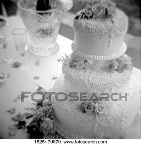 Stock Image - Close-up of a wedding cake on a table. Fotosearch