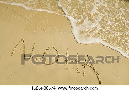 High angle view of Aloha written in sand View Large Photo Image Picture - High angle view of Aloha written in sand. Fotosearch