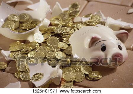 Broken piggy bank with coins View Large Photo Image Stock Image - Broken piggy bank with coins. Fotosearch