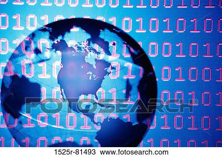 Stock Image - Close-up of a globe superimposed over binary code. Fotosearch