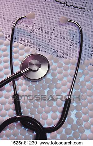 Close-up of a stethoscope on an ECG with pills View Large Photo Image Stock Photo - Close-up of a stethoscope on an ECG with pills. Fotosearch