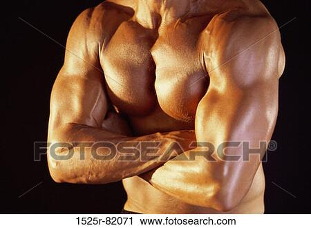 Stock Image - Mid section view of a young man standing with his arms folded. Fotosearch