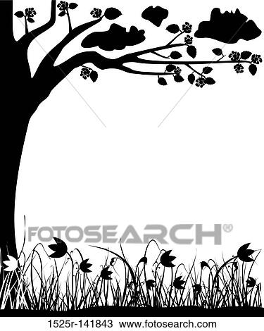 Blossoming tree and tulips, spring, frame, vector View Large Illustration Drawing - Blossoming tree and tulips, spring, frame, vector. Fotosearch