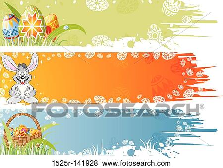 Stock Illustration - Easter banner with eggs, rabbit and basket. Fotosearch