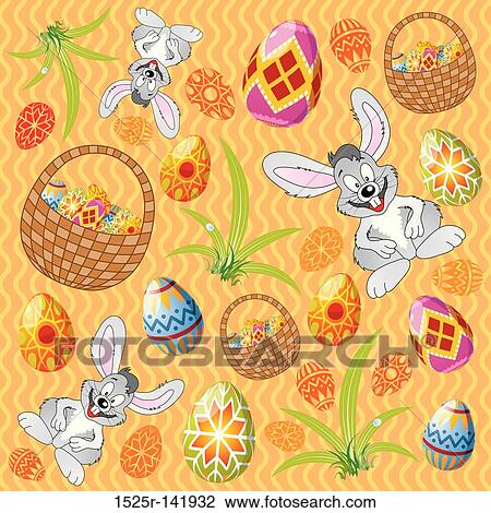 Easter pattern with eggs, rabbit and basket View Large Illustration Drawing - Easter pattern with eggs, rabbit and basket. Fotosearch