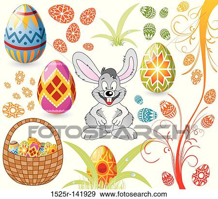 Easter set with eggs, rabbit and basket View Large Illustration Stock Illustration - Easter set with eggs, rabbit and basket. Fotosearch