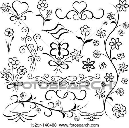 Elements for design (flower, butterfly, heart), vector View Large Illustration Stock Illustration - Elements for design (flower, butterfly, heart), vector. Fotosearch