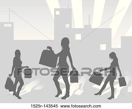 Silhouettes shopping girls on urban background View Large Illustration Stock Illustration - Silhouettes shopping girls on urban background. Fotosearch