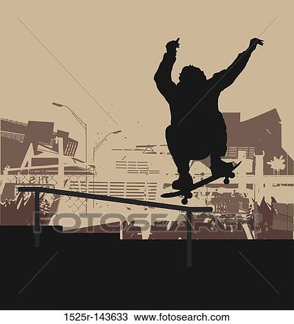 Skater ollie handrain urban background View Large Illustration Drawing - Skater ollie handrain urban background. Fotosearch