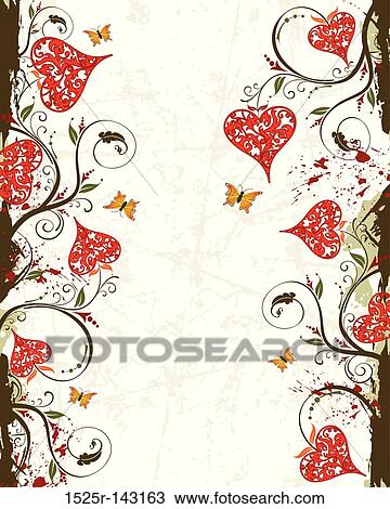 Valentines Day grunge background with hearts and florals View Large Illustration Drawing - Valentines Day grunge background with hearts and florals. Fotosearch