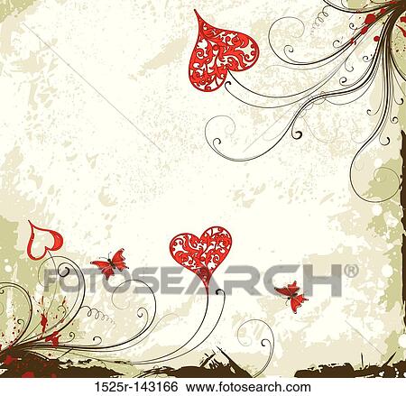 Valentines Day grunge background with hearts and florals View Large Illustration Stock Illustration - Valentines Day grunge background with hearts and florals. Fotosearch