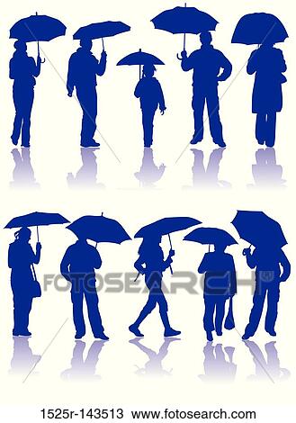 Vector silhouettes man, women and child with umbrella View Large Illustration Drawing - Vector silhouettes man, women and child with umbrella. Fotosearch