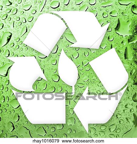 Stock Photo - A white recycling symbol over a water droplets background. Great for going green!. Fotosearch