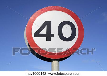 Stock Image - British 40 miles an hour speed limit sign. Fotosearch