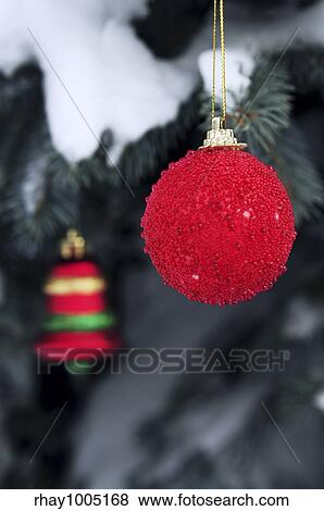 Christmas ornaments hanging on snow covered spruce tree outside View Large Photo Image Stock Photo - Christmas ornaments hanging on snow covered spruce tree outside. Fotosearch