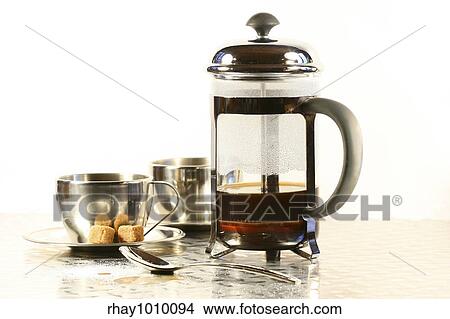 Coffee cups with french press / cafetiere View Large Photo Image Picture - Coffee cups with french press / cafetiere. Fotosearch