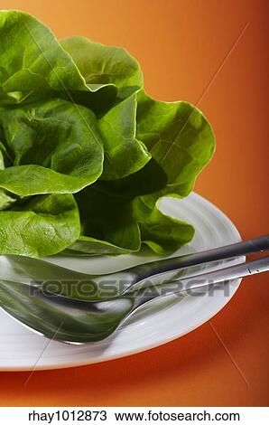 Stock Image - Salad plate with big fork and spoon on orange table. Fotosearch