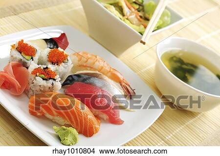 Sushi lunch with miso soup and green salad View Large Photo Image Picture - Sushi lunch with miso soup and green salad. Fotosearch