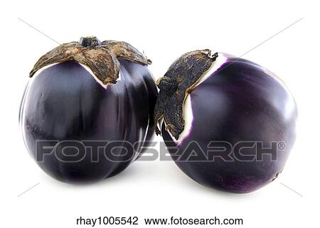 Stock Image - Two round eggplants (prosperosa) isolated on white background. Fotosearch